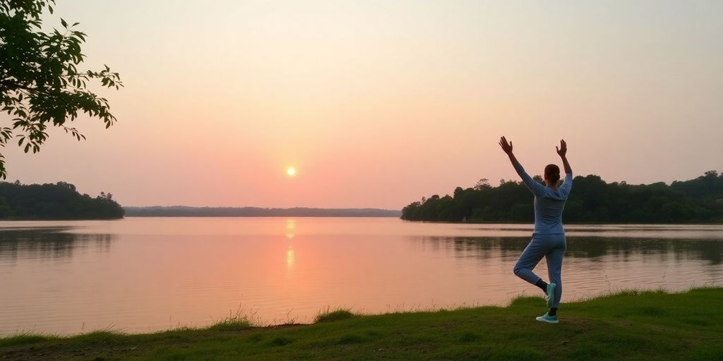 Frau macht Yoga am See bei Sonnenaufgang.
